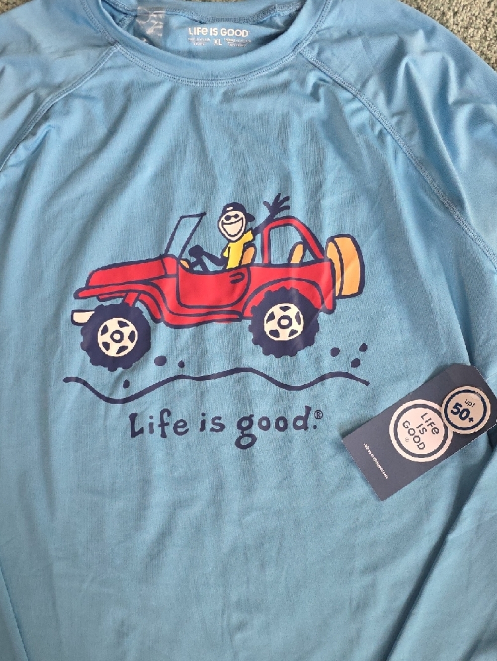 Life Is Good Mens XL Light Blue Long Sleeve Tee with Red Jeep Graphic, NWT. - Picture 3 of 12